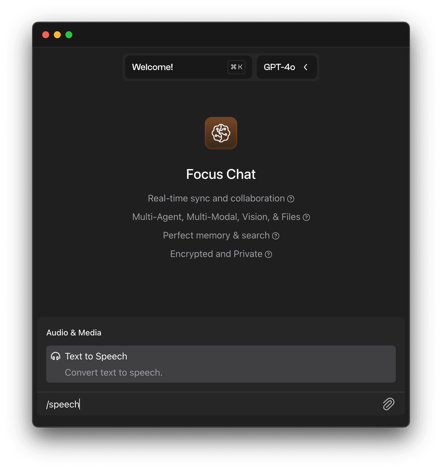 Type /speech and select text to speech